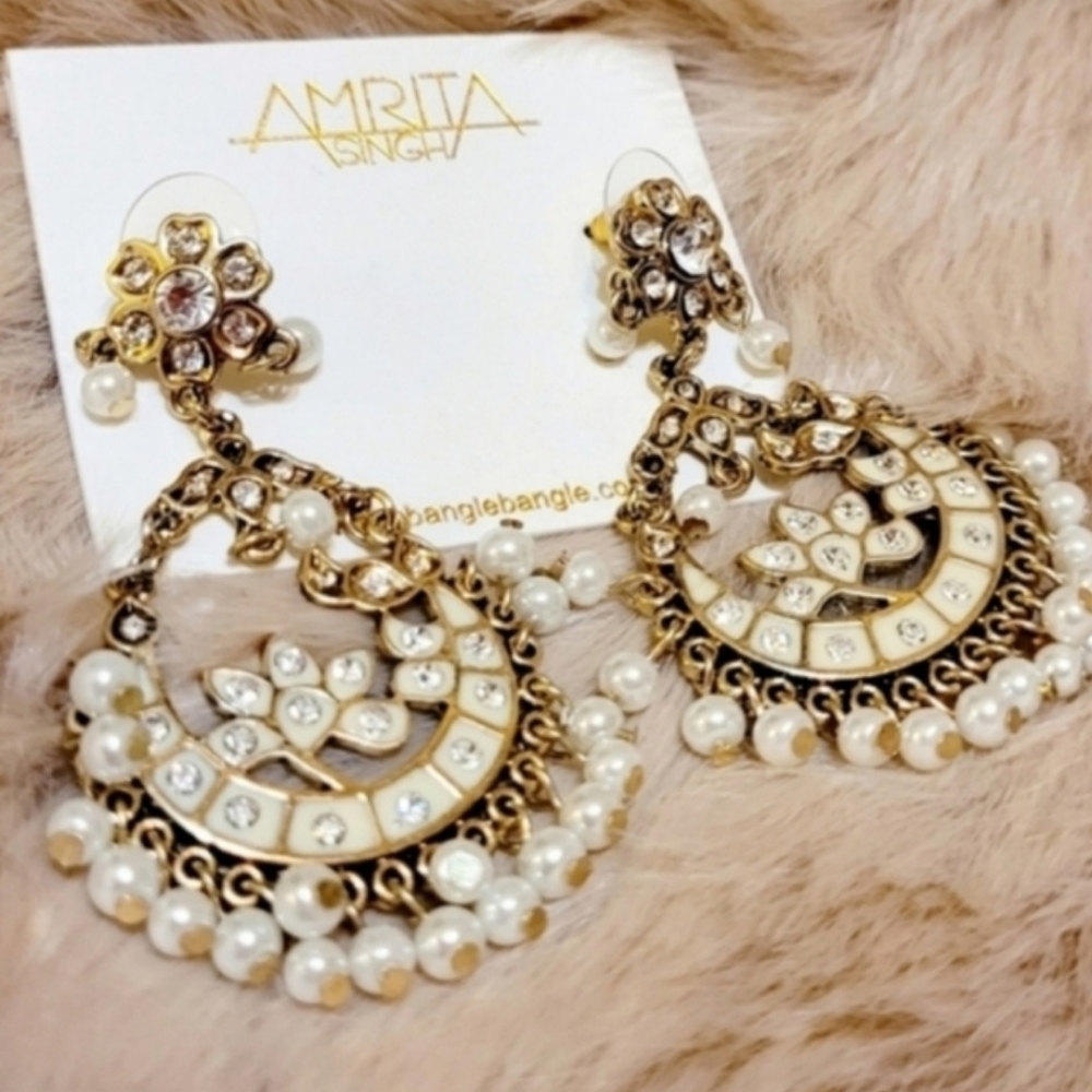 NWT Austrian Crystal & Pearl Delhi Indian Bollywood Earrings